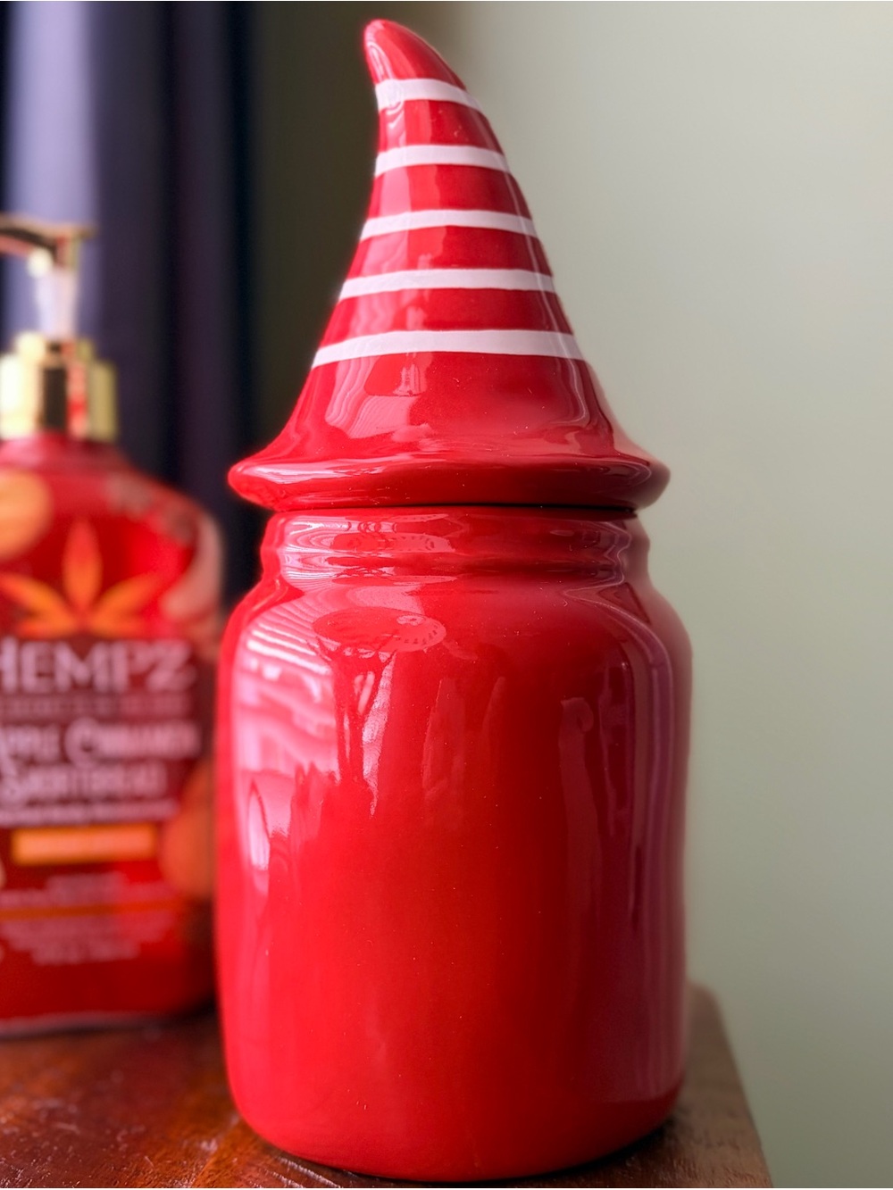 Rae Dunn Crimson Red 'Gnome Home' Ceramic Holiday Food Storage Jar with Lid - Picture 4 of 8